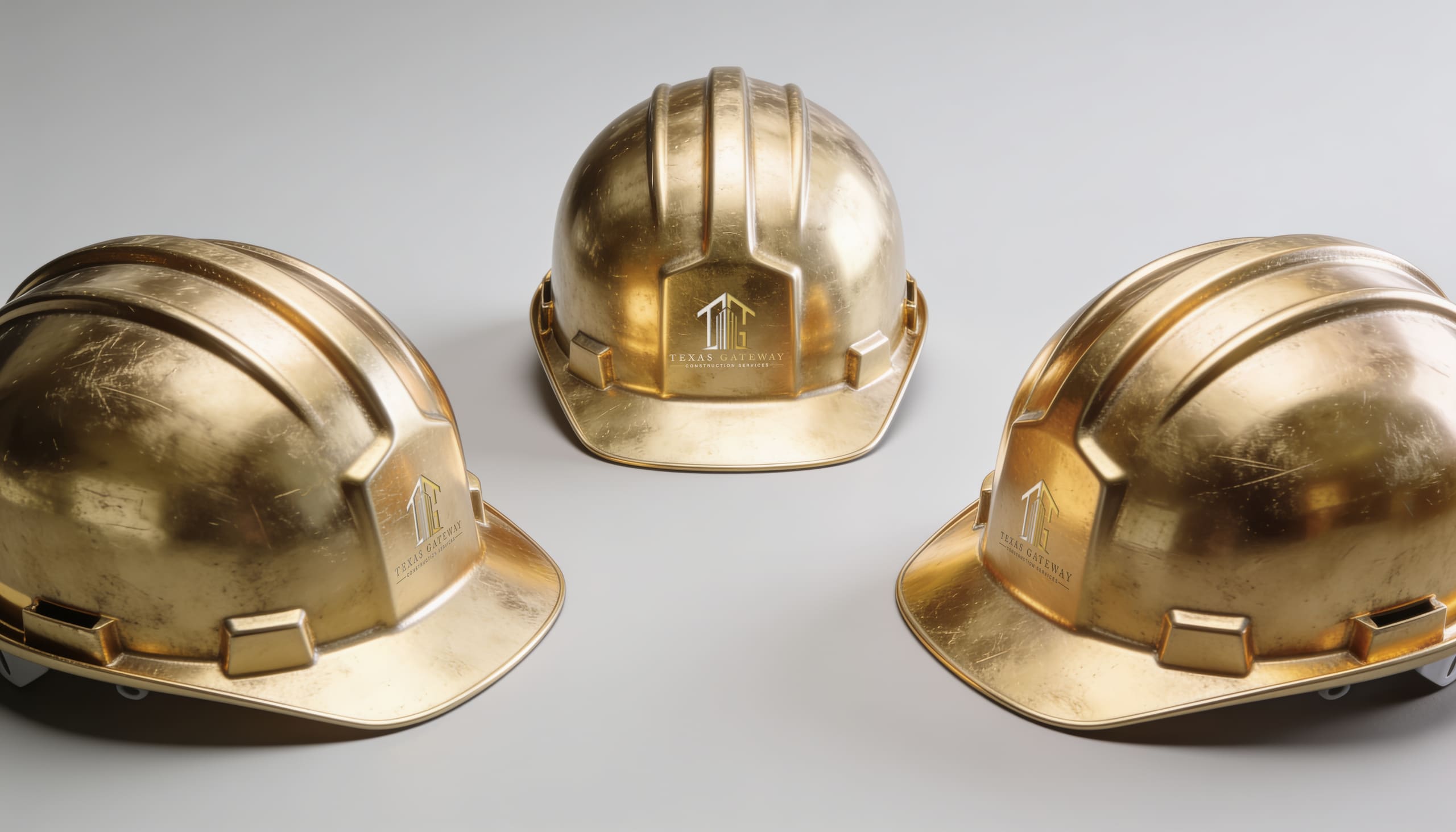 Three polished gold hard hats bearing the Texas Gateway mark