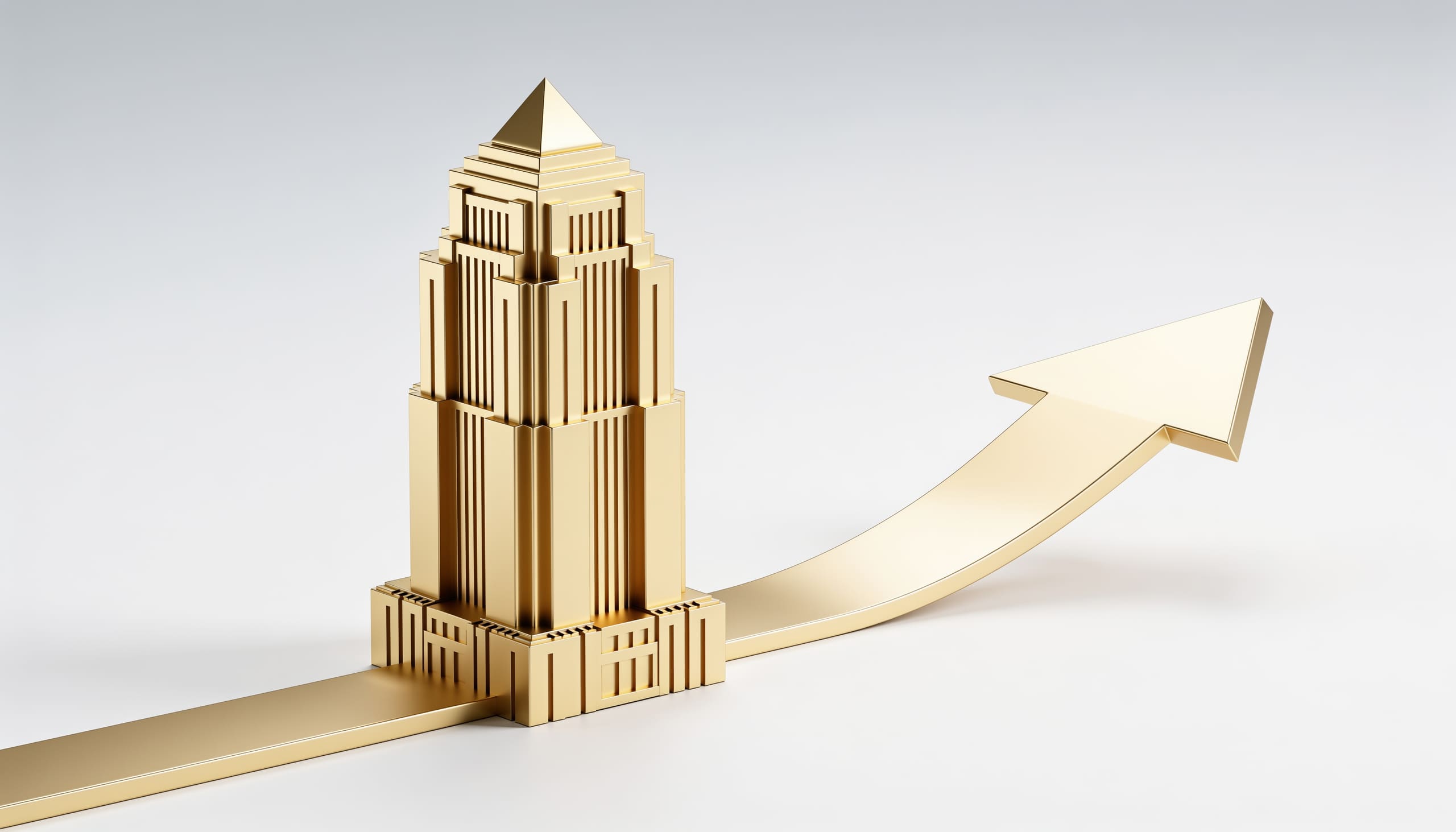 Gold art-deco tower standing on a rising gold arrow