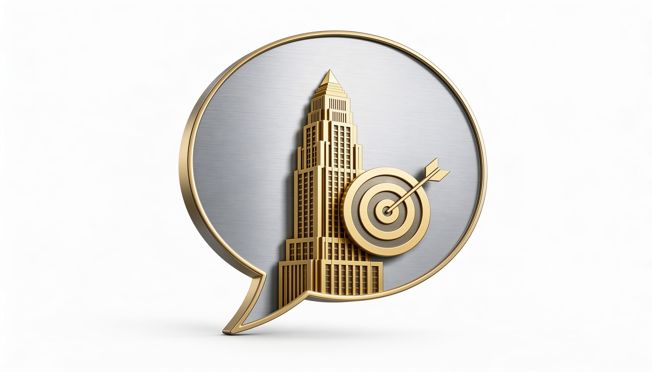 Gold medallion with an art-deco tower and target