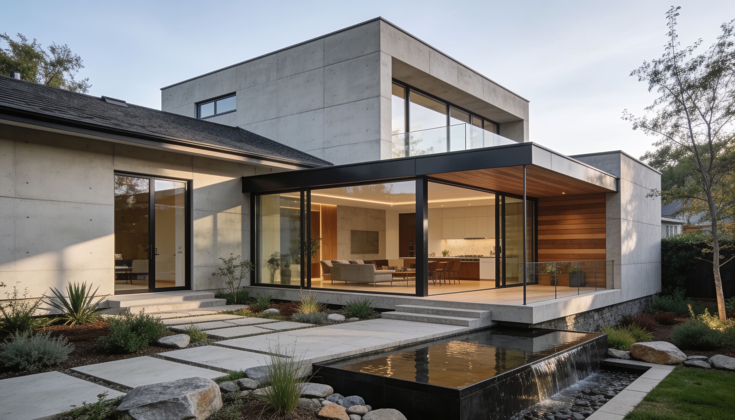 New glazed living-space addition extending a stone house