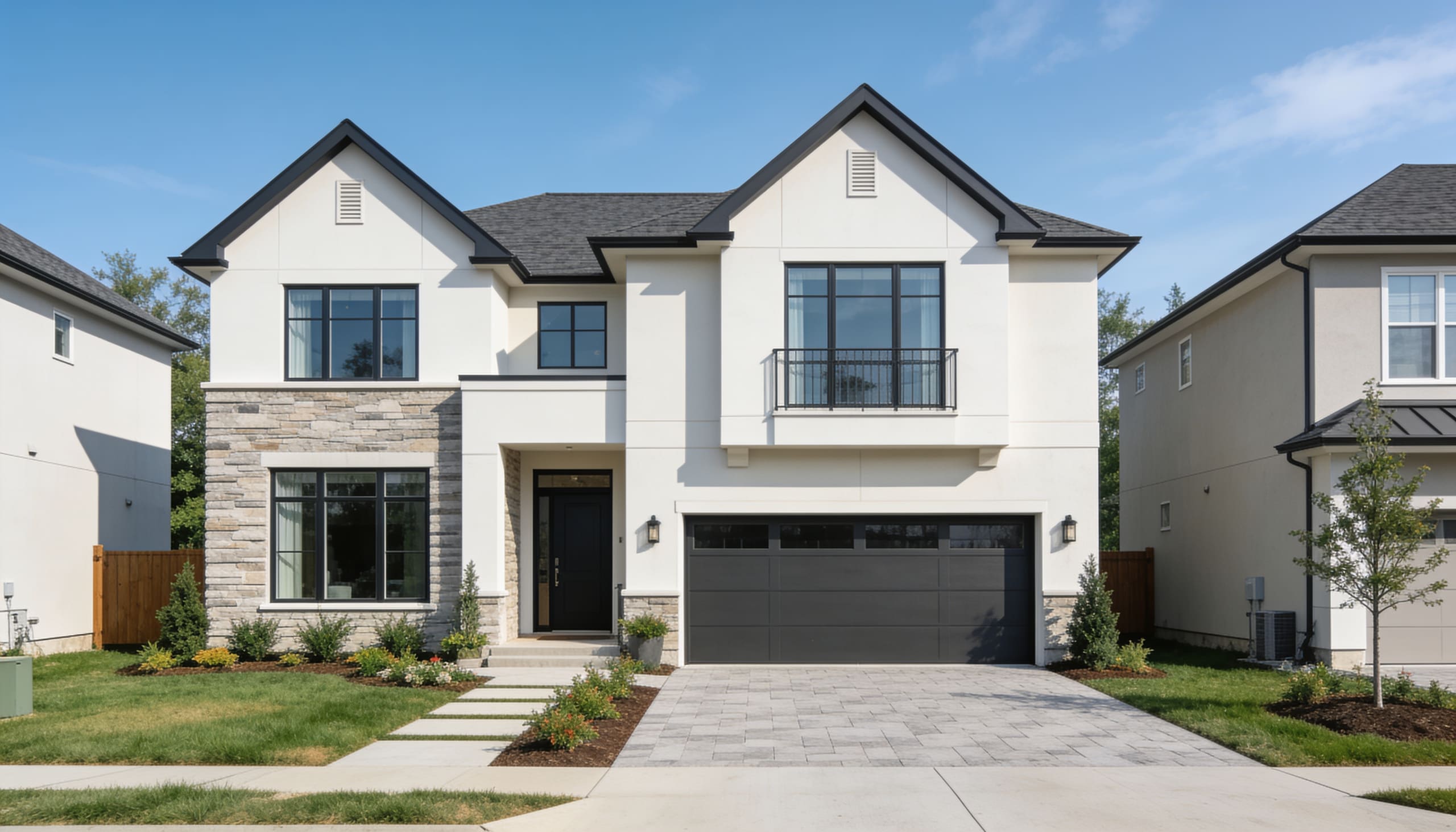 Newly completed two-story home with a clean drive and lawn