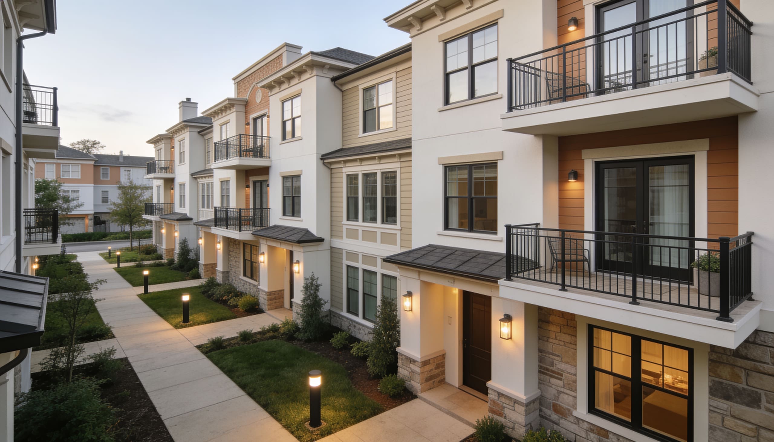 Renovated townhome community with warm entry lighting at dusk