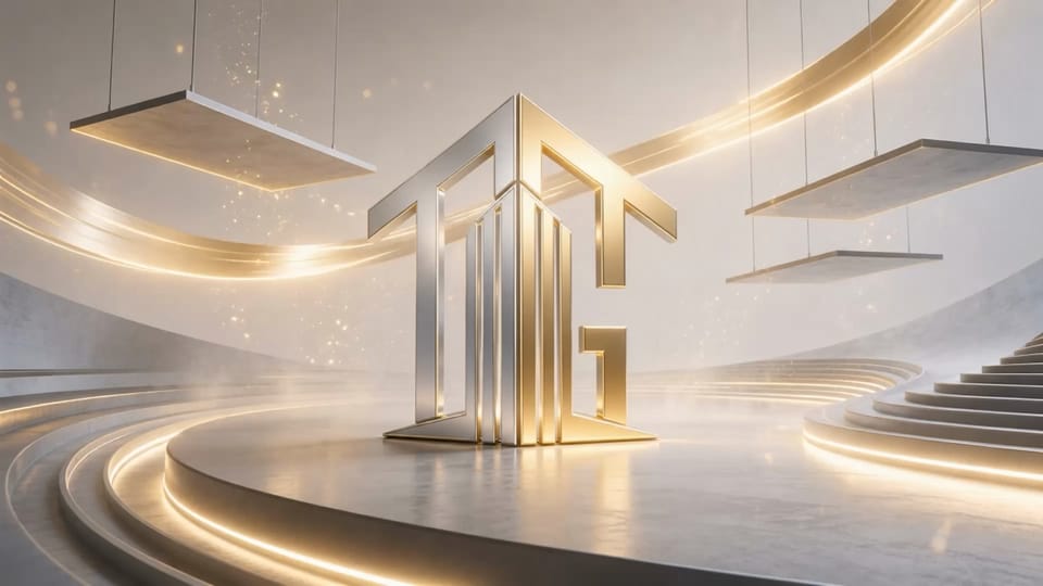 Monumental Texas Gateway monogram of brushed metal and gold standing in a luminous pearl chamber